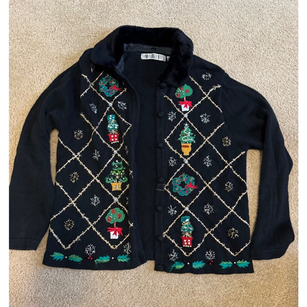 Women's OHI Christmas Vintage Cardigan L Black Green